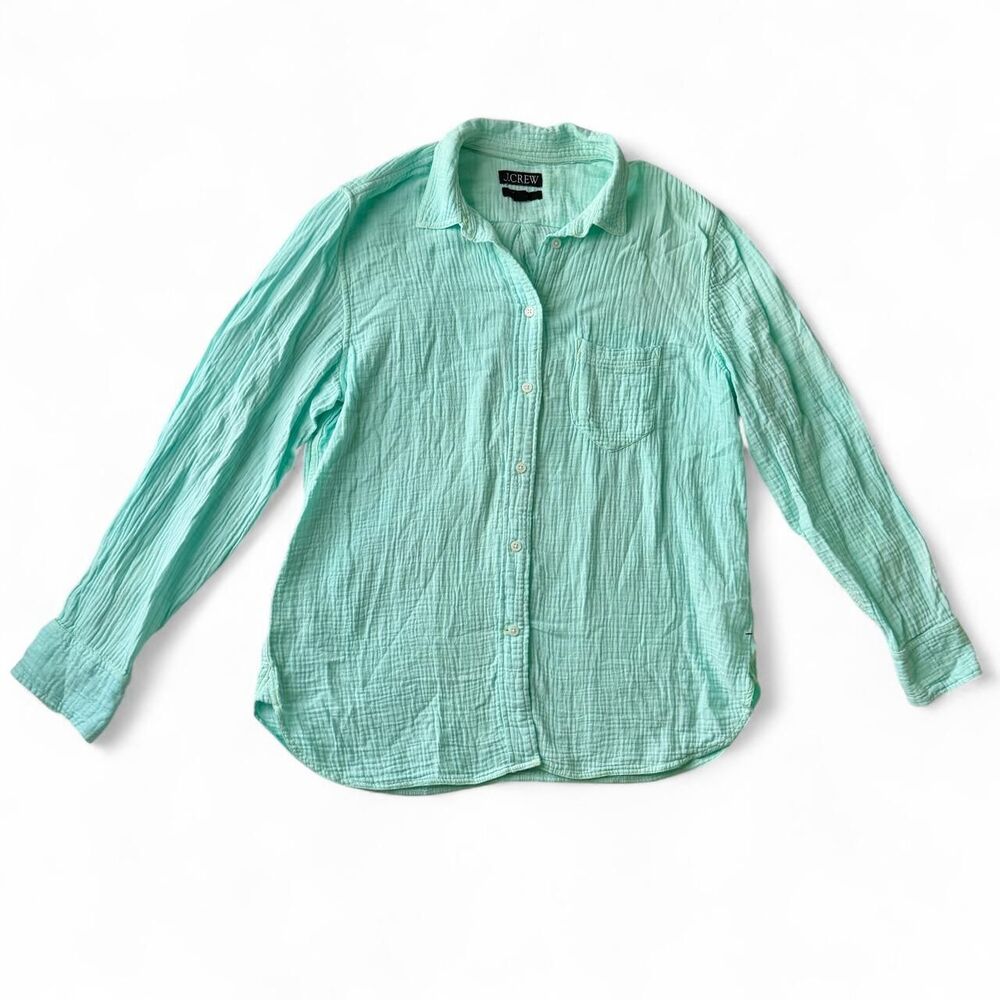 J.Crew Mint Green Blue Button Up Long Sleeve 100% Cotton Shirt Size M